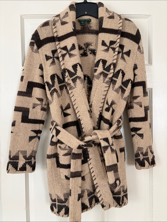 Ralph Lauren Sweaters - Vintage Ralph Lauren Beige and Brown Shawl-Collar Patterned Cardigan (XS)